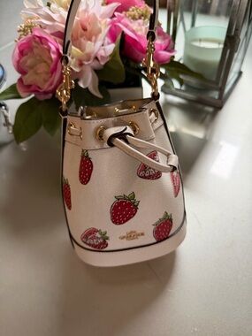 Coach White Mini Drawstring Bucket Bag with Strawberry Print